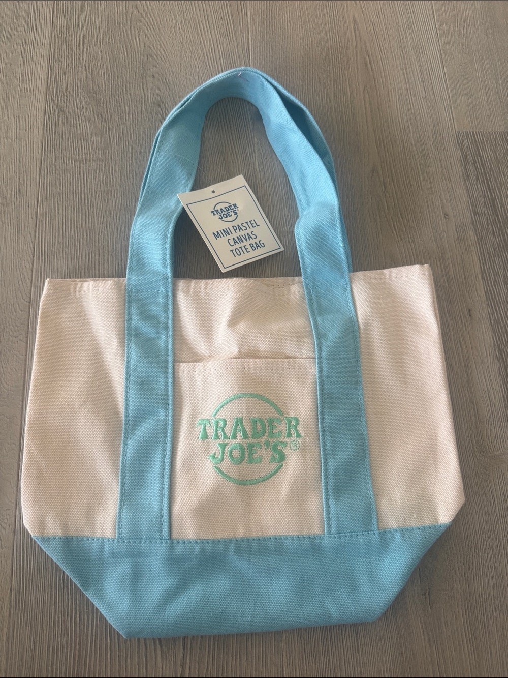 Trader Joe's Mini Canvas Tote in Light Blue and Cream